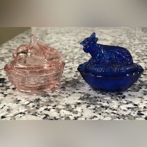 2 mini glass salt cellars on a nest pink bunny and cobalt blue cow